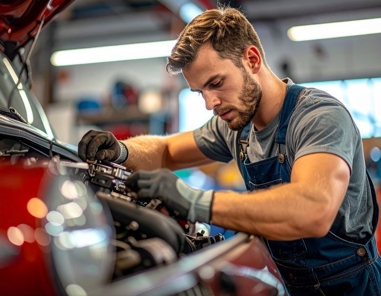 Mechanic working on a car engine in a garage; wearing overalls and gloves.