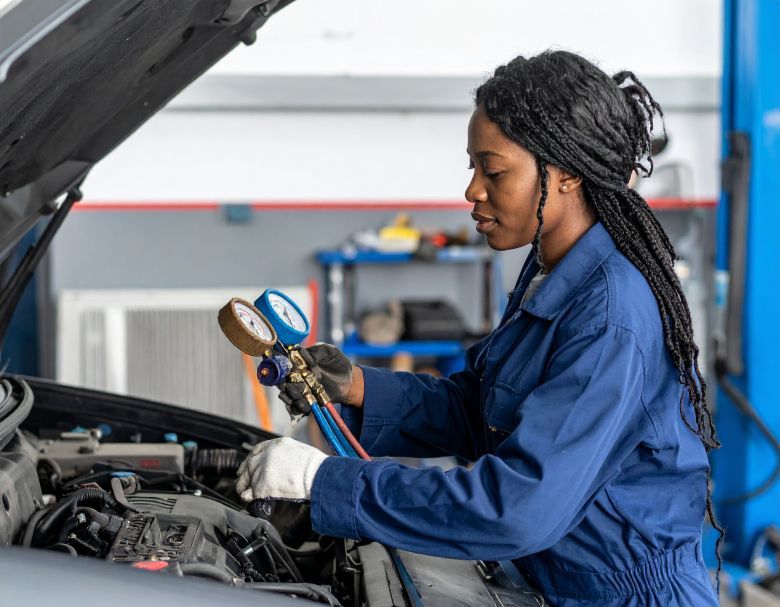Mechanic in blue coveralls working on a car engine, using gauges. Workshop setting.