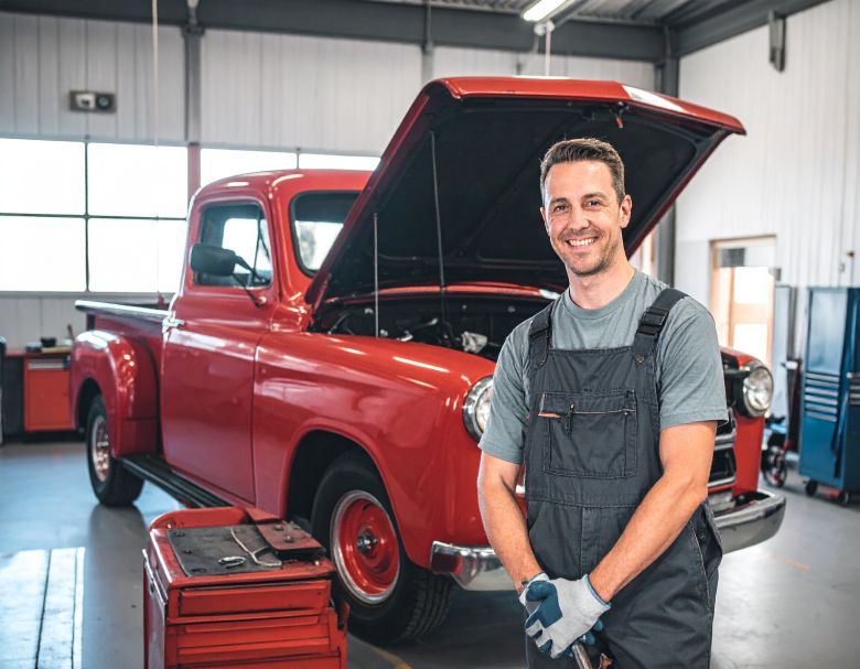 Mechanic smiling, standing in front of a red vintage pickup truck with its hood open in a garage.