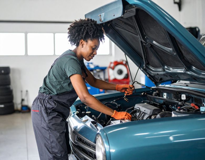 Mechanic working on the engine of a teal car in a garage, wearing overalls and gloves.