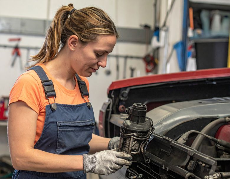 Woman in overalls works on a car engine, in a garage.