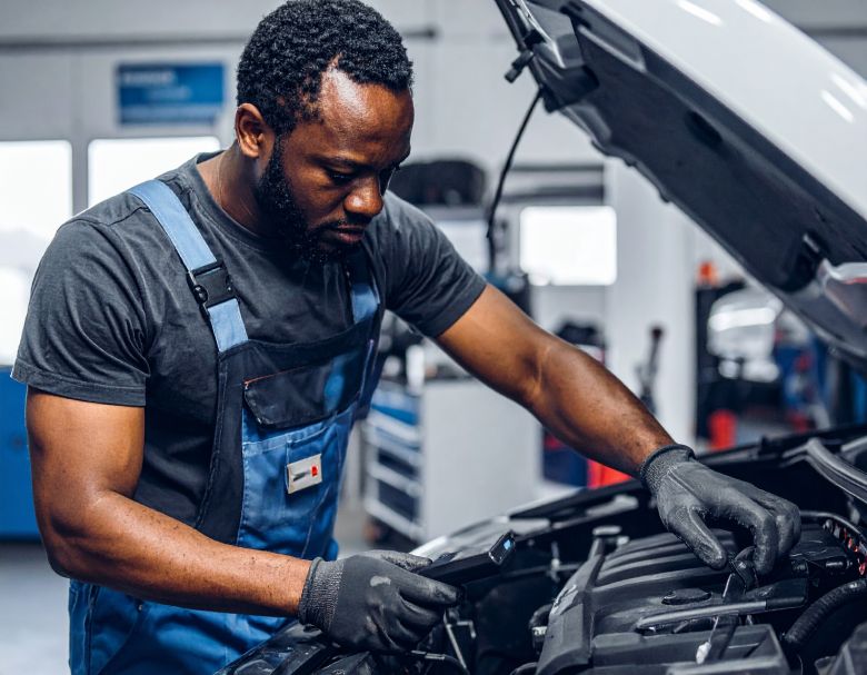 Mechanic in blue overalls and gloves working on a car engine in a garage.