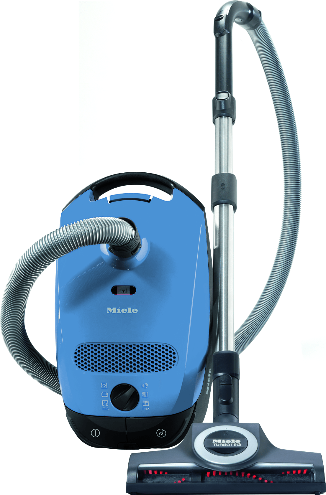 Blue Miele canister vacuum cleaner with hose, wand, and brush head on a white background.