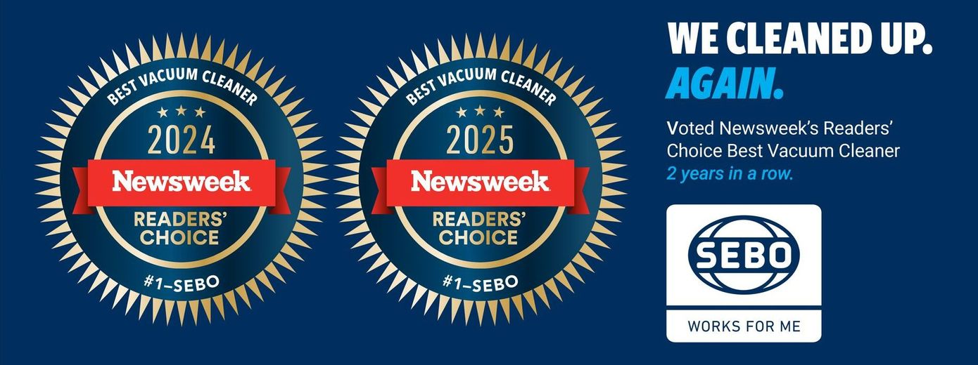 Image of Newsweek awards for best vacuum cleaner. SEBO brand, 2 years in a row.