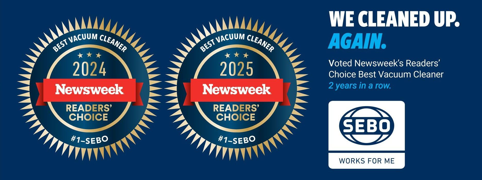 Image showing Newsweek Readers Choice awards for best vacuum cleaners in 2024 and 2025. SEBO logo below.