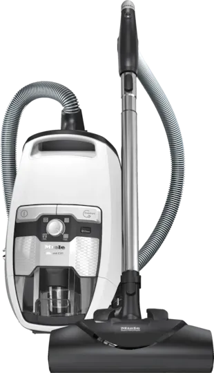 White canister vacuum with hose, wand, and floor brush.