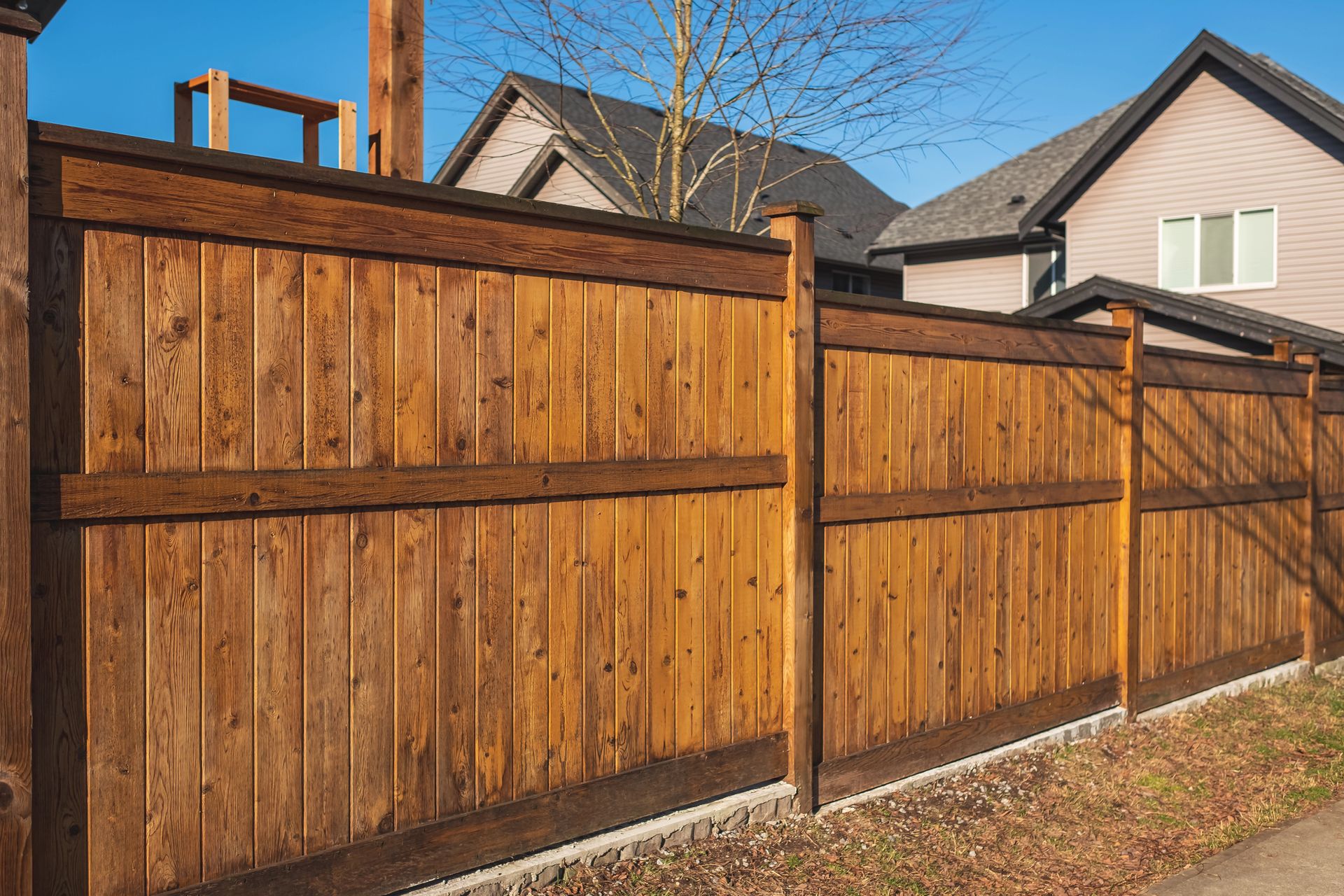 Wooden privacy fence in a suburban backyard under a clear blue sky