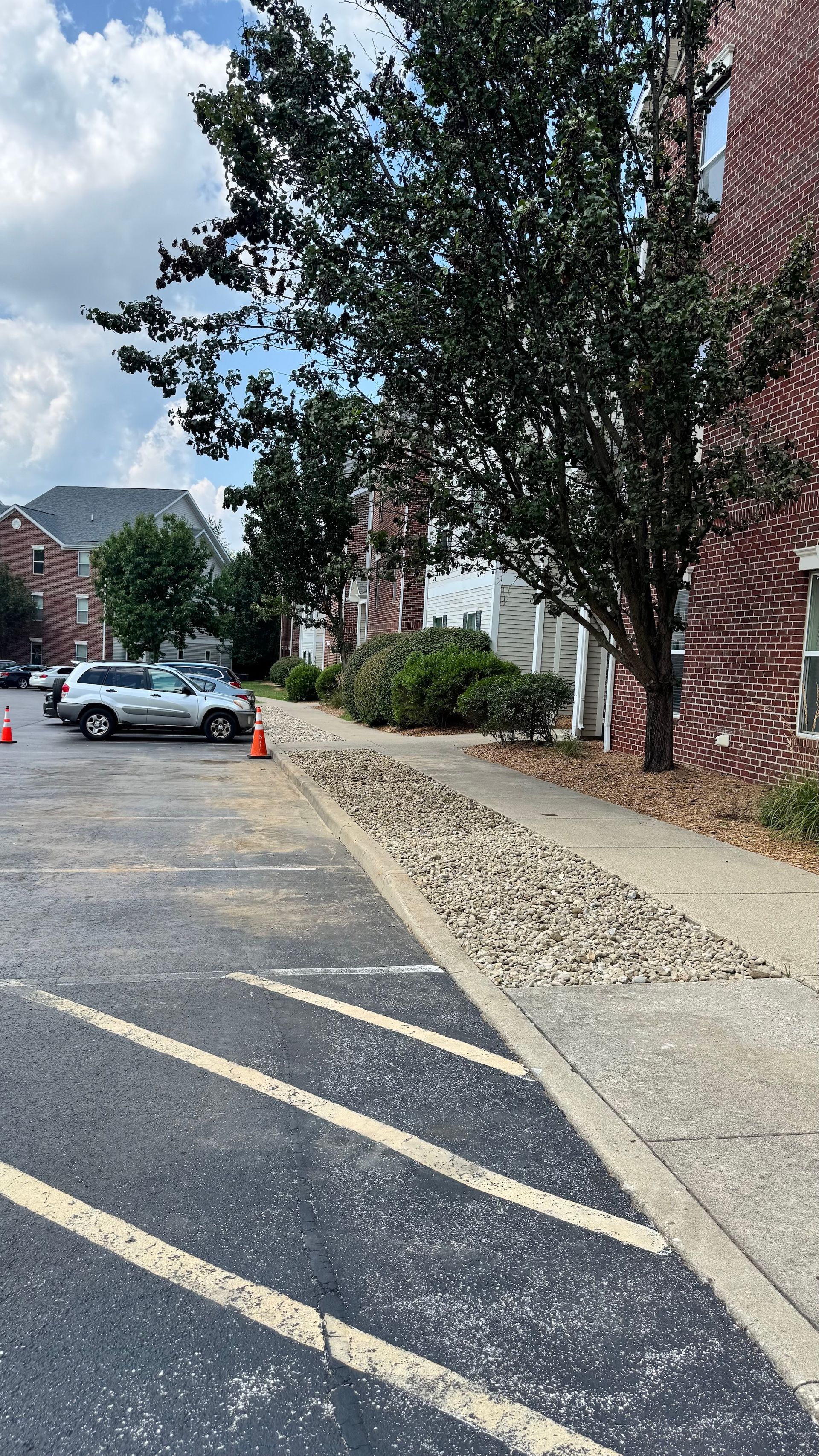 Apartment parking lot with parked cars, brick buildings, a tree, and a gravel path beside a curb