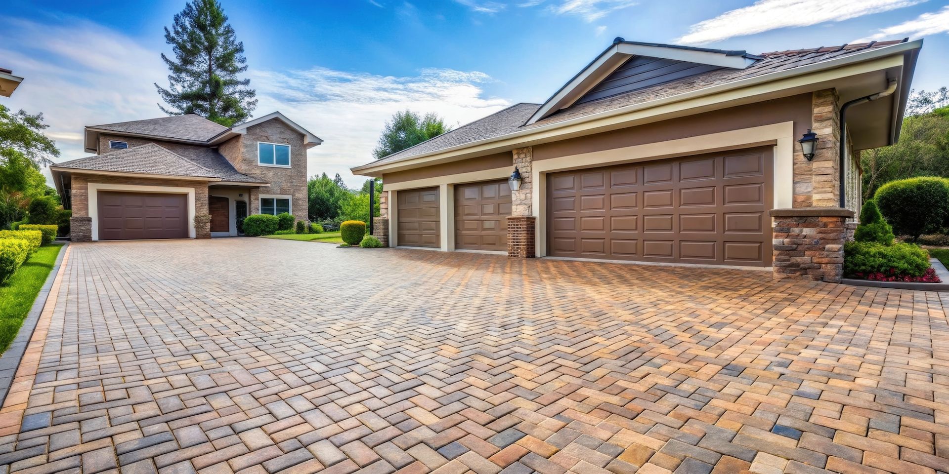Brick house with a curved gravel driveway, manicured lawn, and tall trees in the background