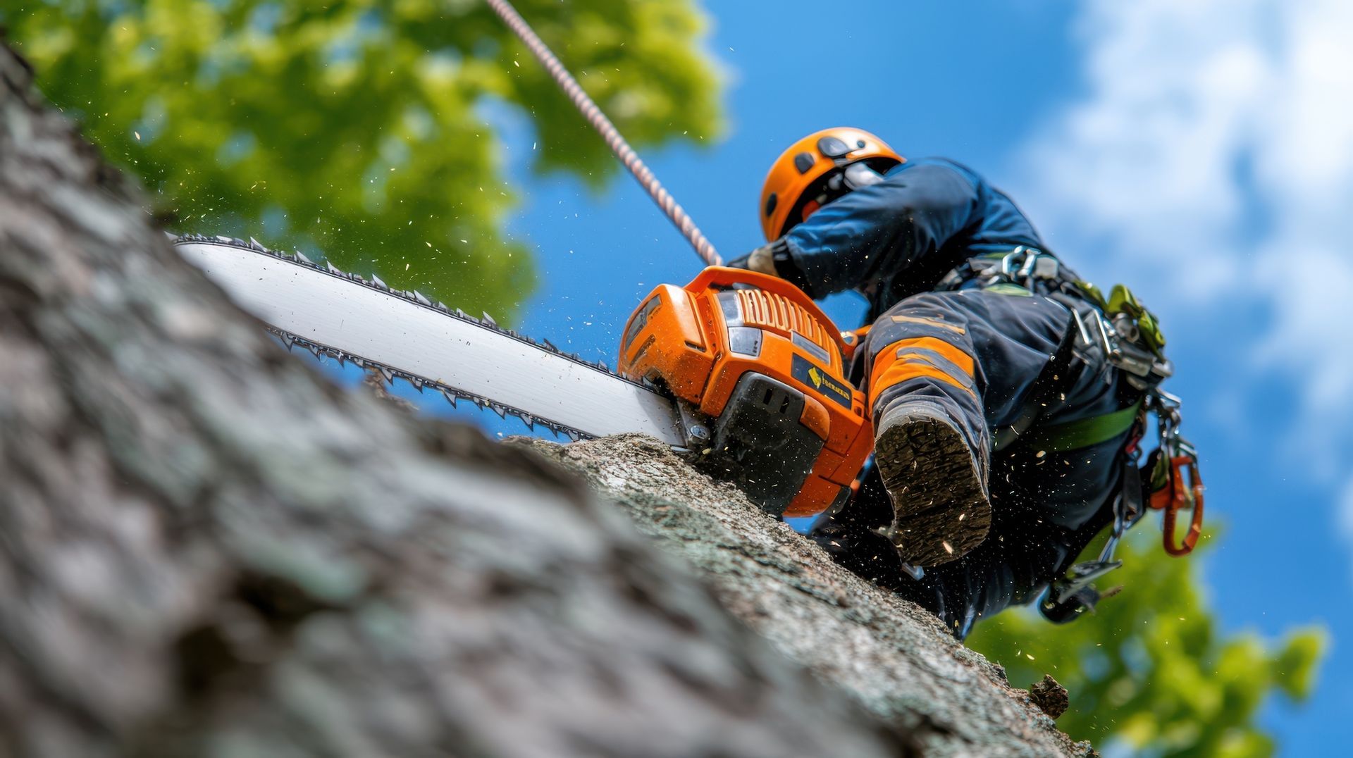Rock climber in orange helmet using a rope while scaling a tree trunk against a blue sky.