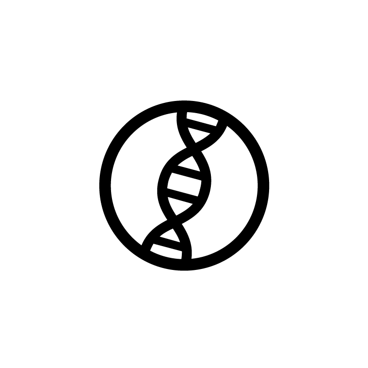 A black and white icon of a dna strand in a circle.