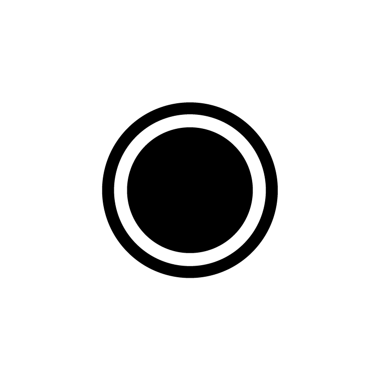 A black circle with a white border on a white background.
