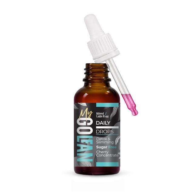 A bottle of my go lean daily drops with cherries splashing out of it.