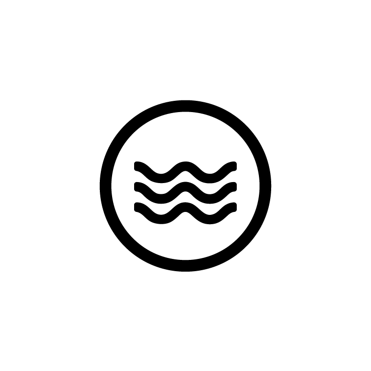 A black and white icon of waves in a circle on a white background.