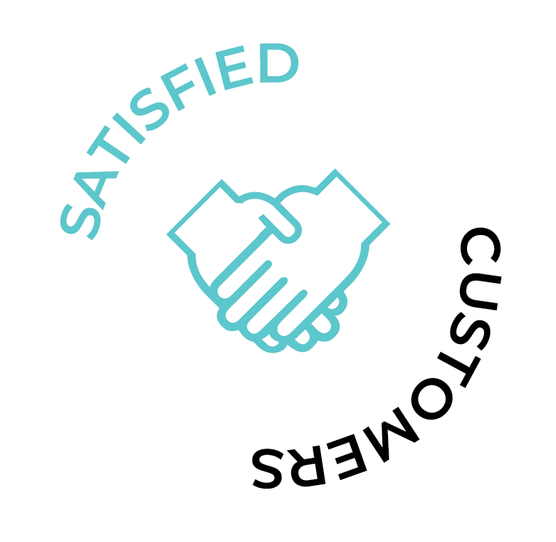 A logo with a handshake and the words `` satisfied customers ''.