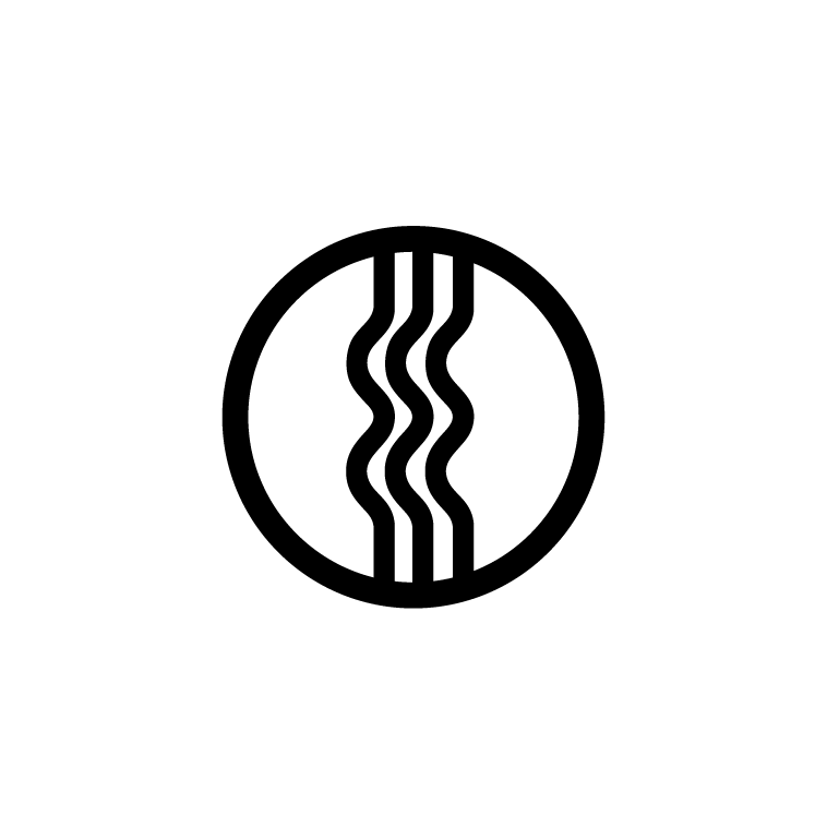 A black and white icon of three waves in a circle.