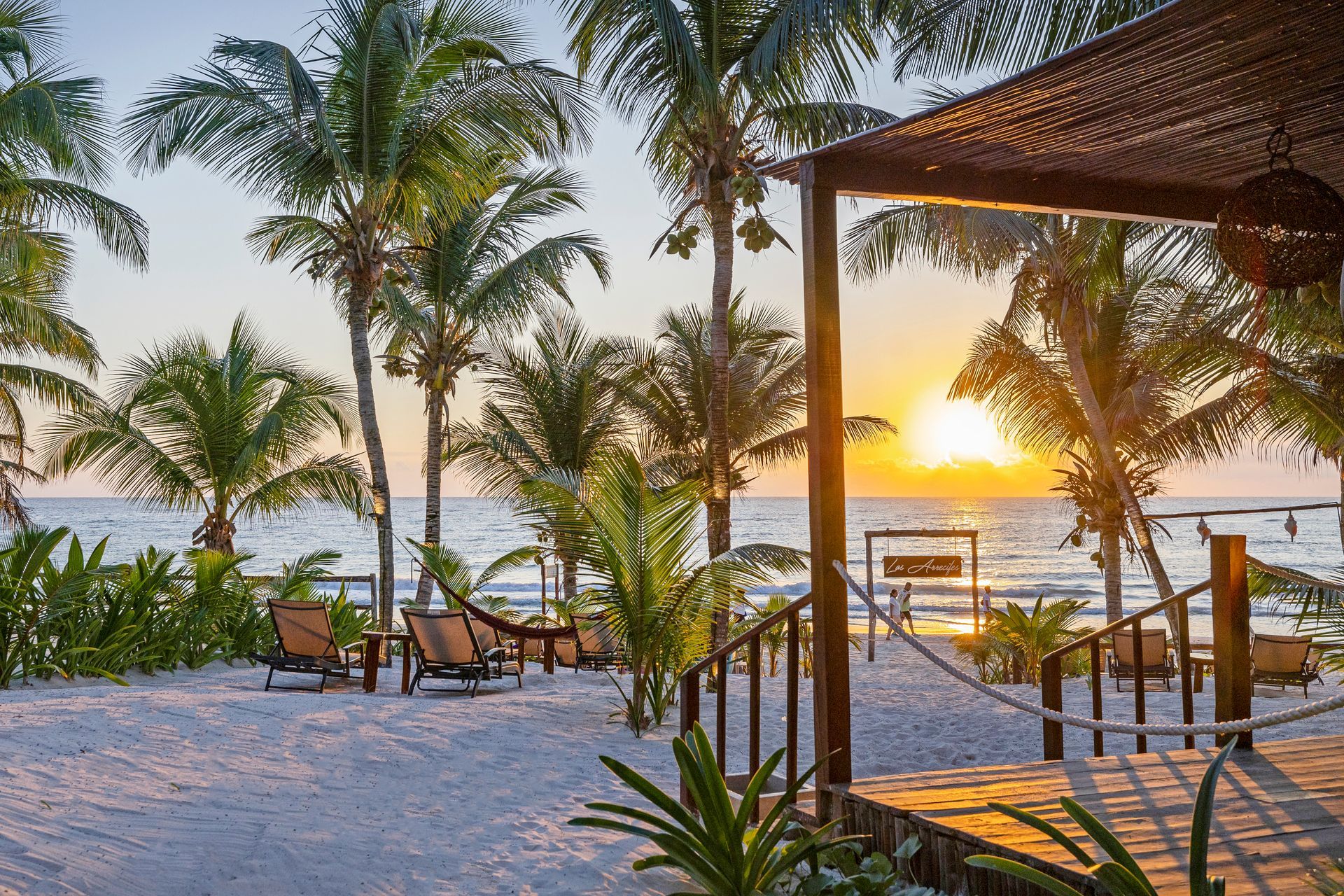 Beach scene at sunset; palm trees, ocean, wooden deck, lounge chairs, and bright sun.