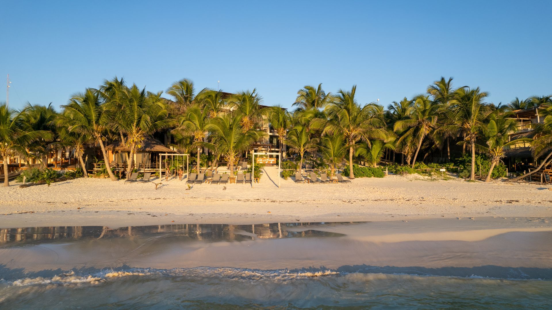 Sandy beach with palm trees and a building in the background under a blue sky.