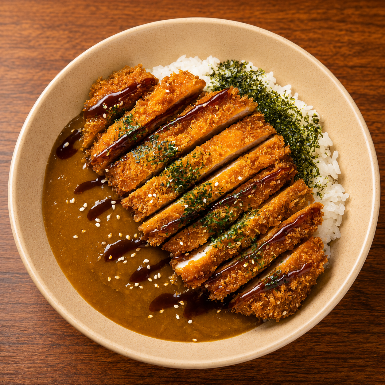 Crispy breaded cutlet over curry and rice in a beige bowl, topped with herbs and dark sauce drizzle