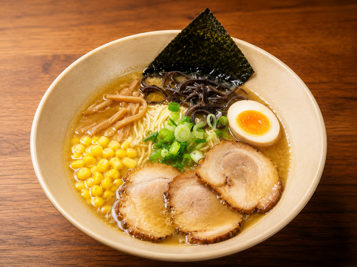 Bowl of ramen with sliced pork, corn, egg, seaweed, and green onions on a wooden table