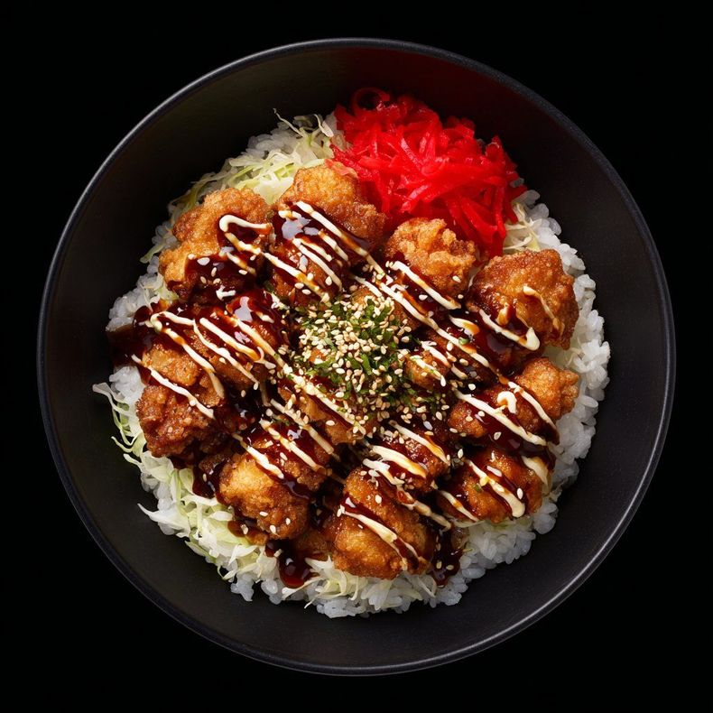 Top-down bowl of rice topped with fried chicken, sauce drizzle, sesame seeds, and red pickled ginger