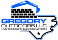 Gregory Outdoors LLC logo with blue house roof, brick wall, and Texas outline for hardscape and excavation
