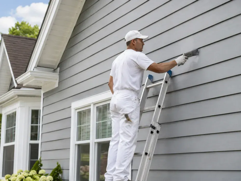 Painter in white painting gray house siding while standing on a ladder