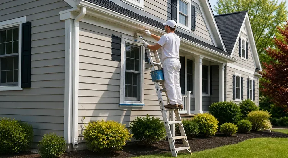Painter on ladder painting gray house siding beside neatly trimmed shrubs.