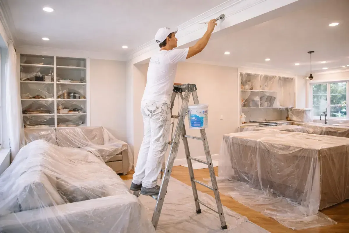 Painter on a ladder painting a bright kitchen while furniture is covered in plastic sheets.