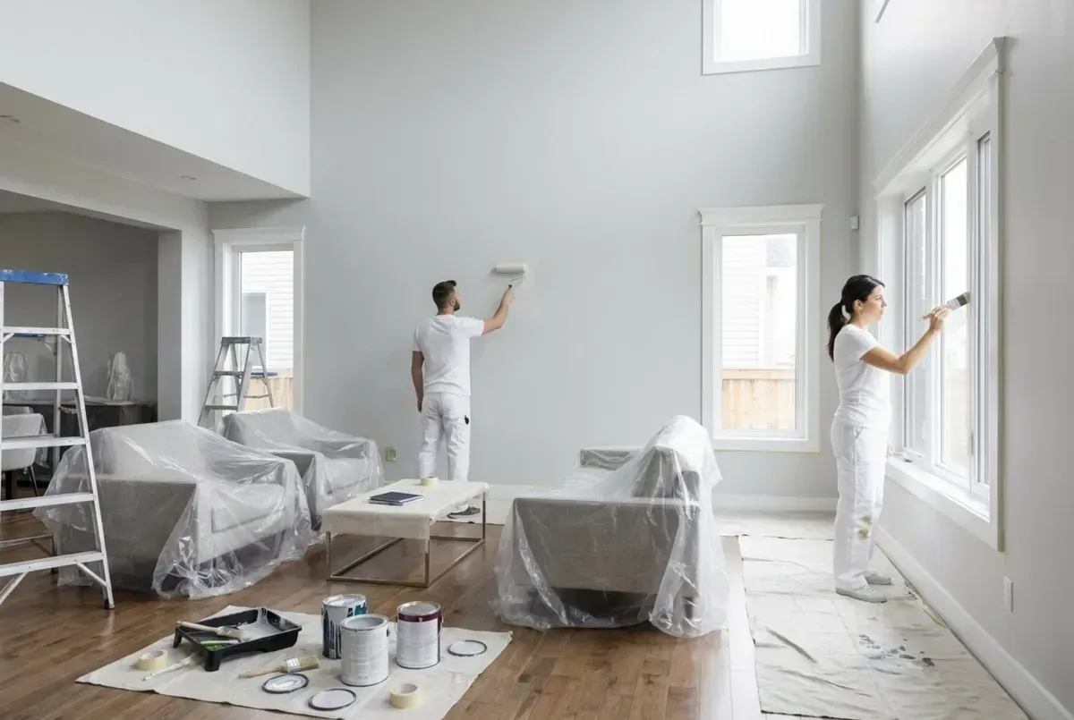 Two painters in a bright room painting white walls during home renovation