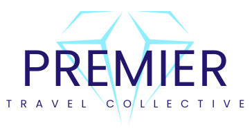 Premier Travel Collective logo with blue geometric diamond and navy text on white background