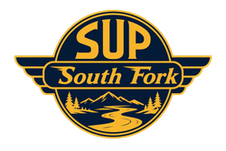 SUP South Fork logo in navy and gold with mountains, river, and pine trees