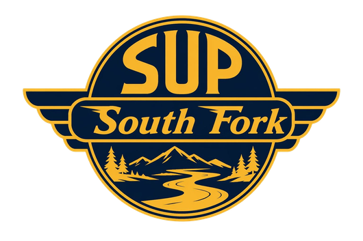 SUP South Fork logo in navy and gold with mountains, river, and pine trees