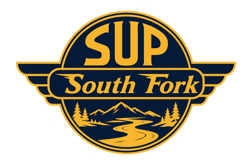 SUP South Fork logo in navy and gold with mountains, river, and pine trees