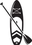 Black and white icon of a paddleboard with paddle crossed over it
