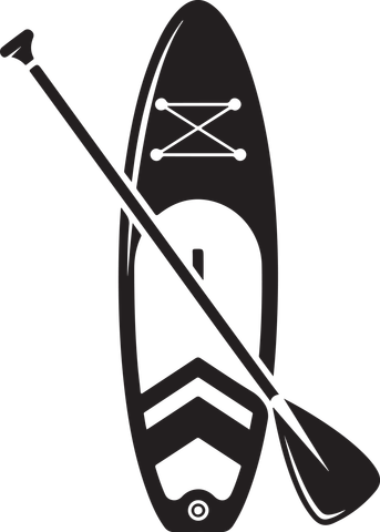 Black and white icon of a paddleboard with paddle crossed over it