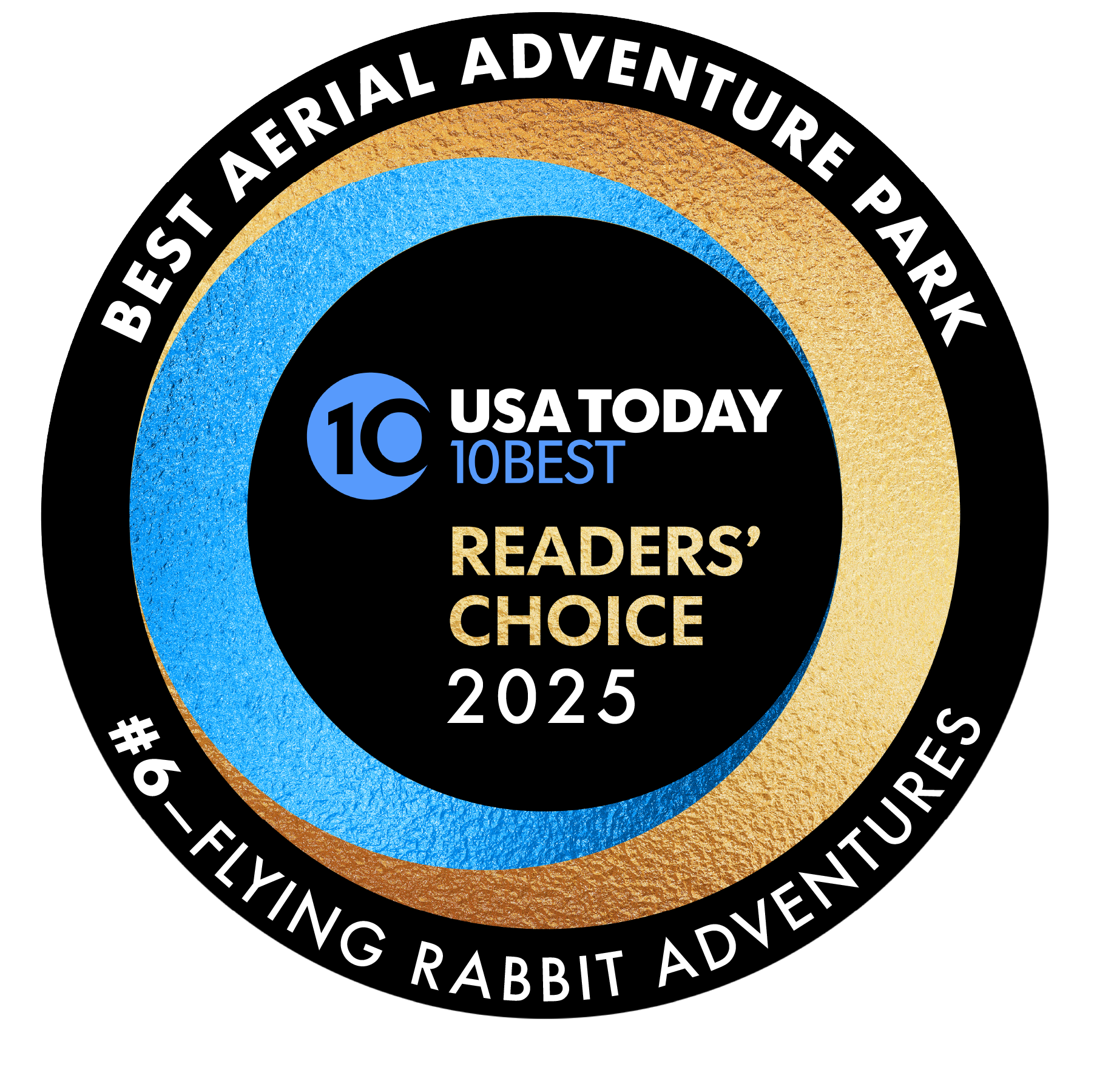 USA Today 10Best Readers' Choice award for Best Aerial Adventure Park, 2025, with Flying Rabbit Adventures ranked #6.