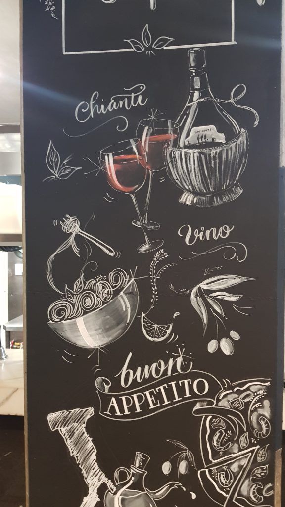 A blackboard with chalk drawings of food and wine and the words buon appetito