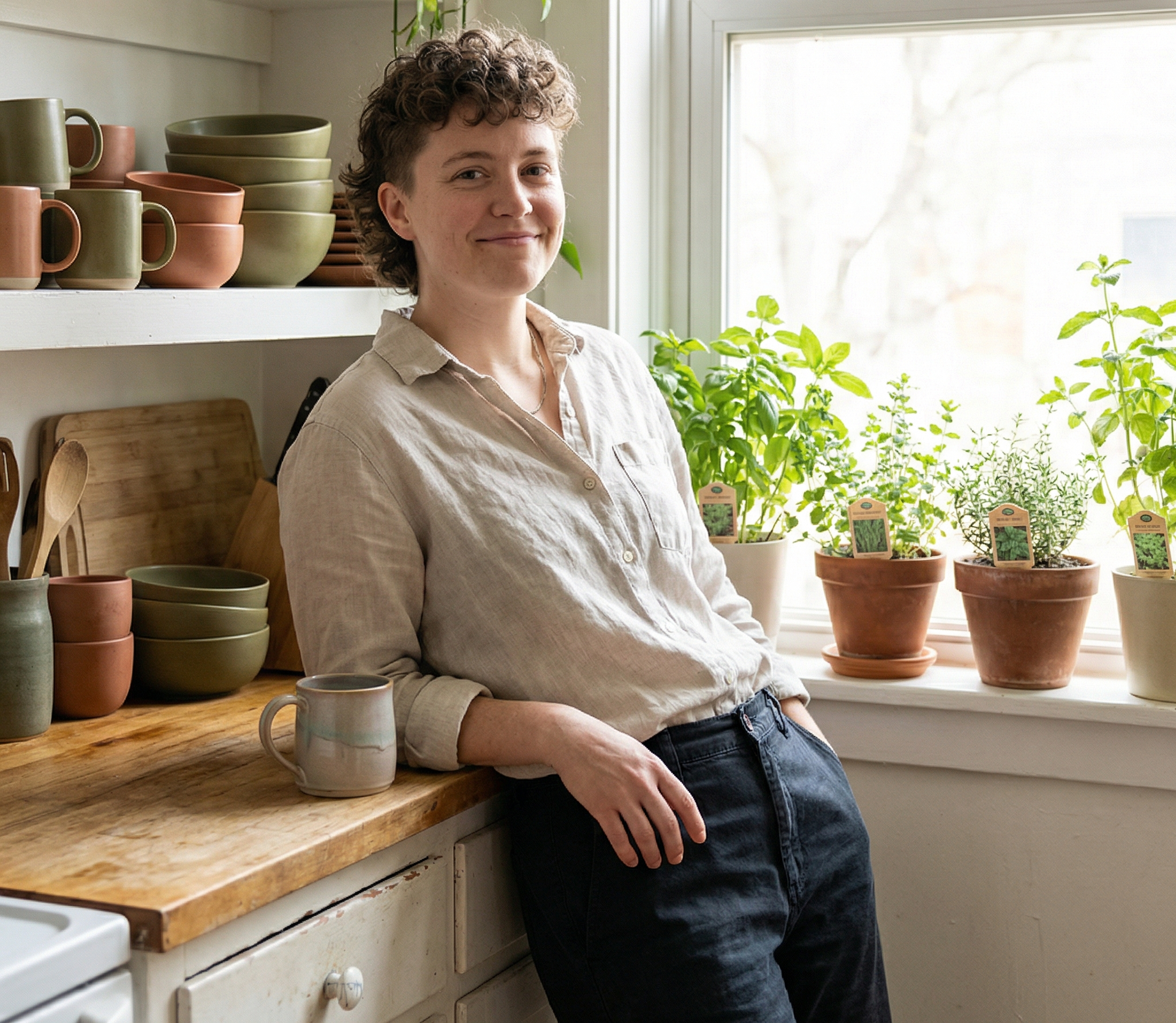 Woman leaning on a kitchen counter, smiling near a window with herb plants.