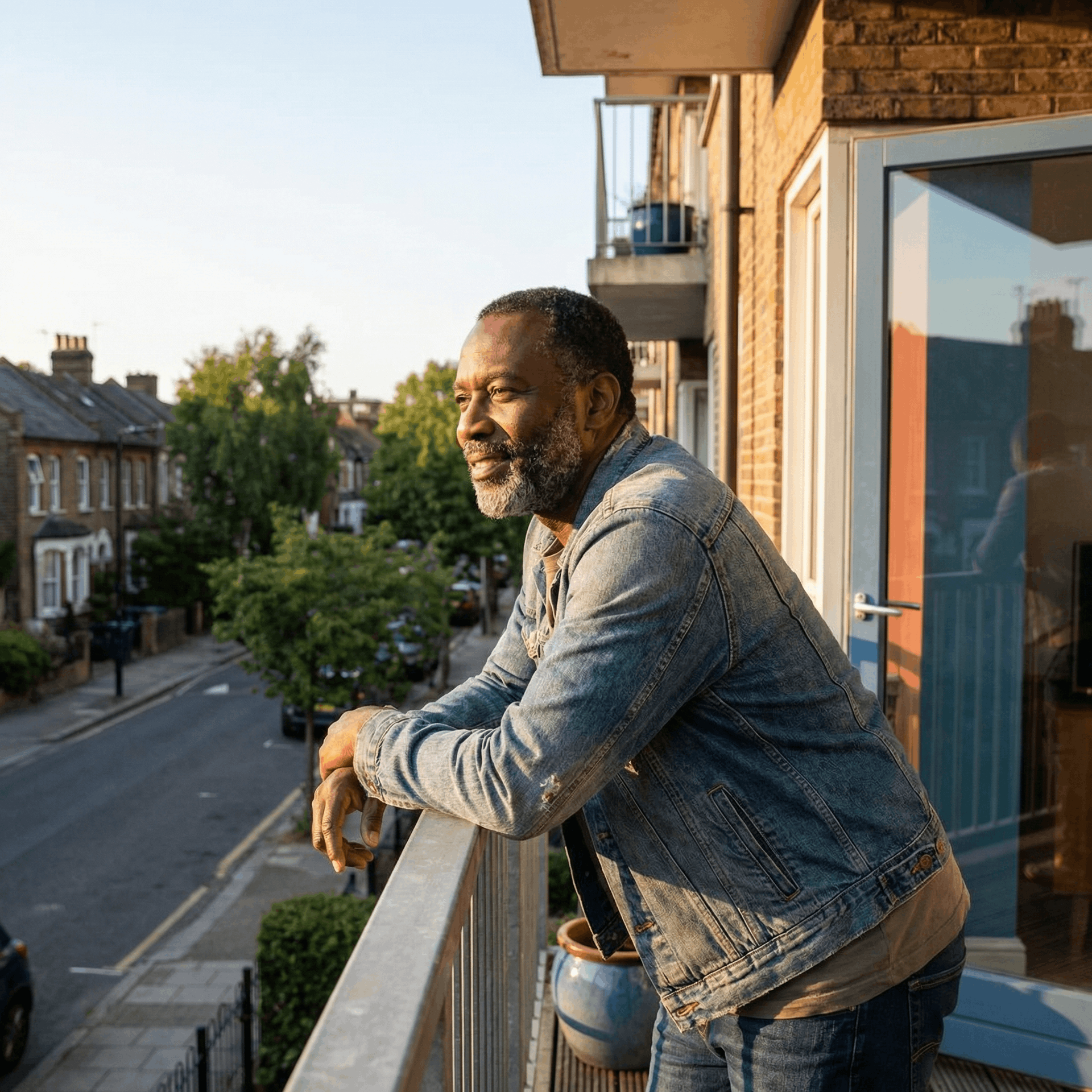Man on a balcony, leaning on railing, looking at the street below. Sunlight bathes him.