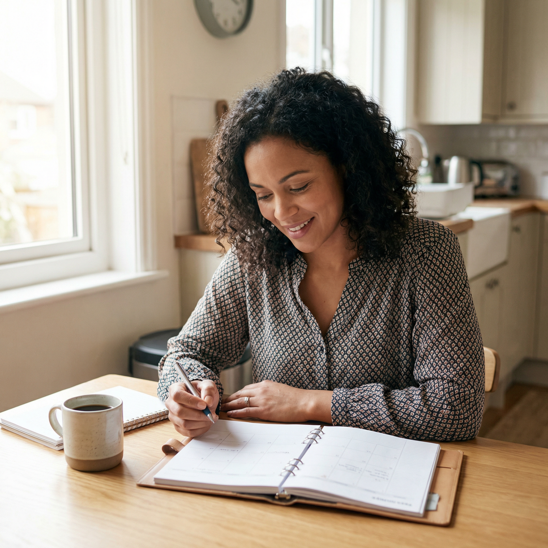 Woman writing in notebook at table, smiling. Coffee mug, window, kitchen setting.