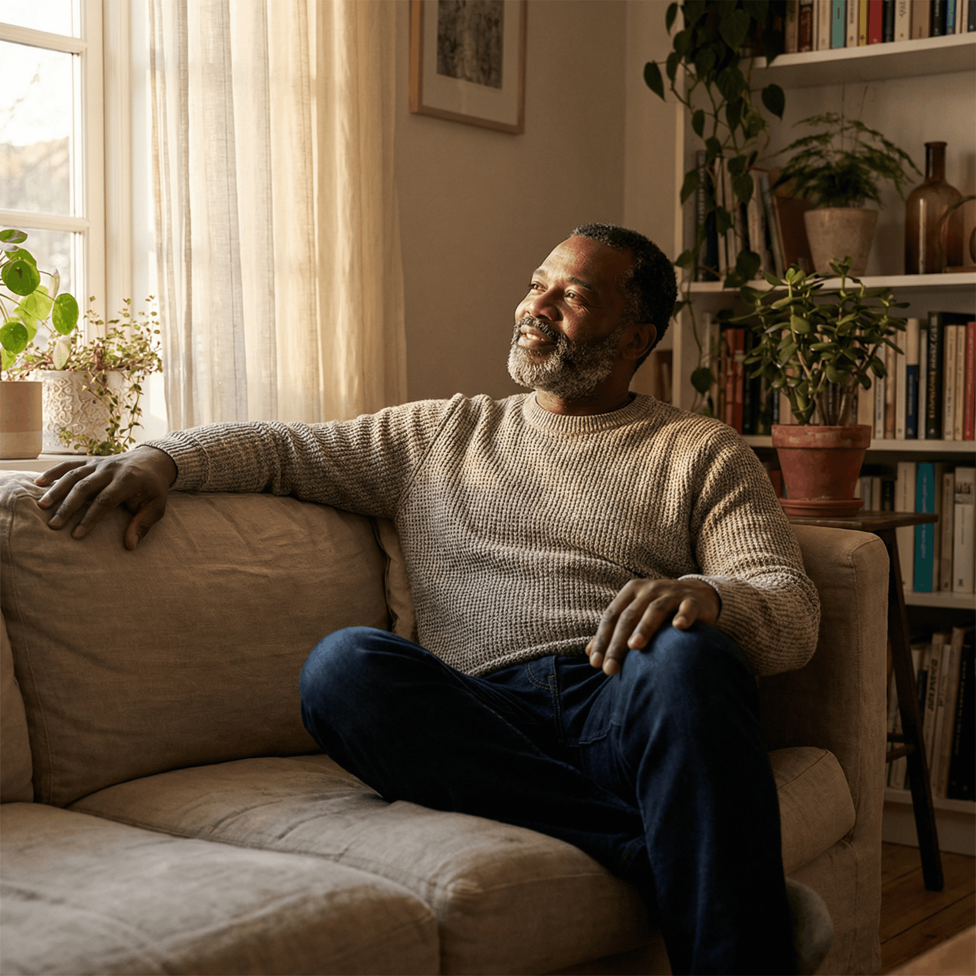 Man sitting on a sofa, smiling, near a window, with a bookshelf in the background.