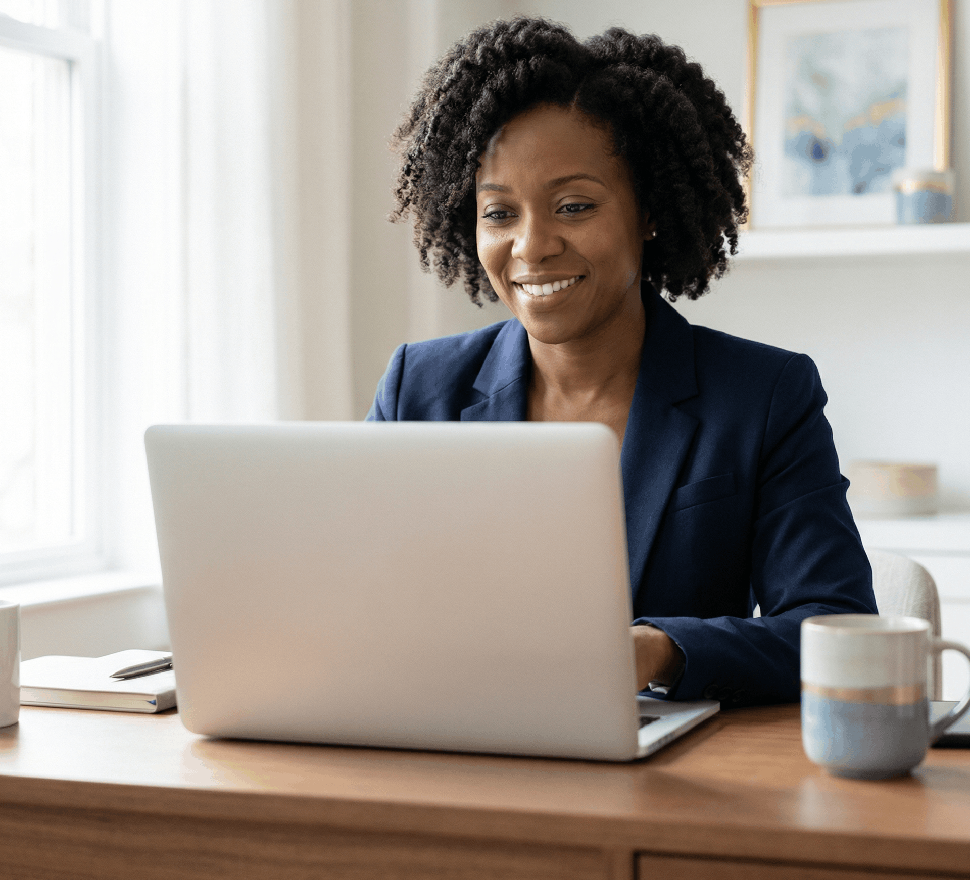 Woman in a blue blazer smiles while working on a laptop at a desk near a window.