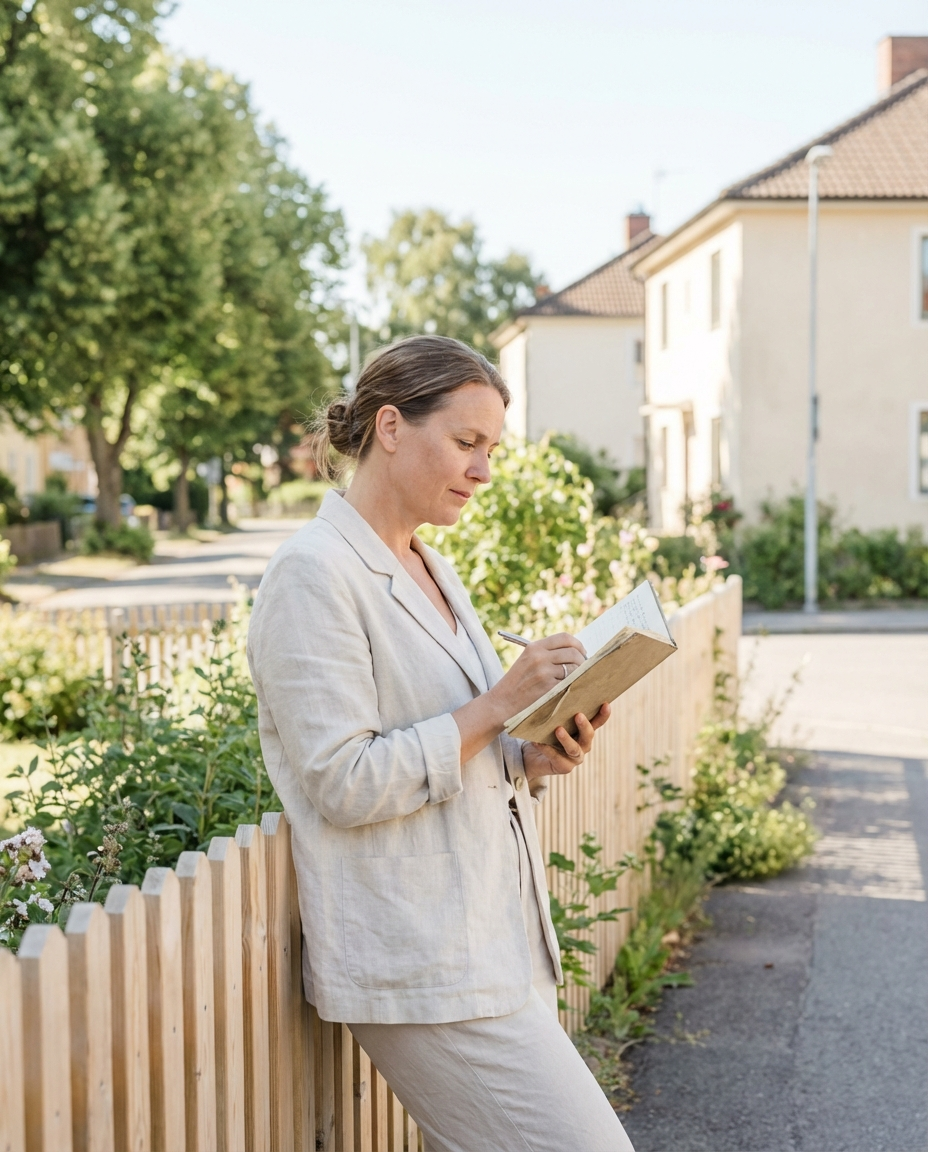 Woman in linen suit writes in a notebook, leaning on a wooden fence on a sunny street.