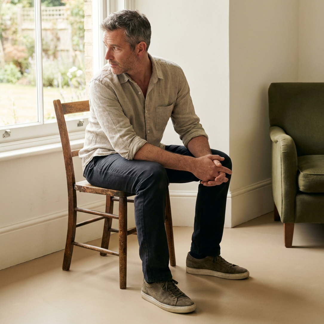 Man seated on wooden chair, looking out window, wearing light shirt, dark pants, and sneakers. Interior setting.