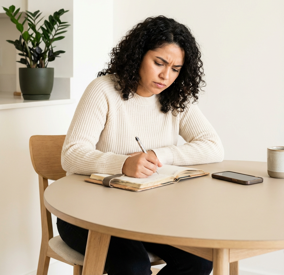 Woman with curly hair, writing in a notebook at a table, looking focused. Plant and phone on table.