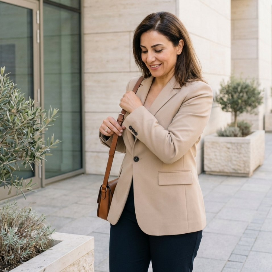 Woman wearing a tan blazer and carrying a brown bag outdoors, smiling.