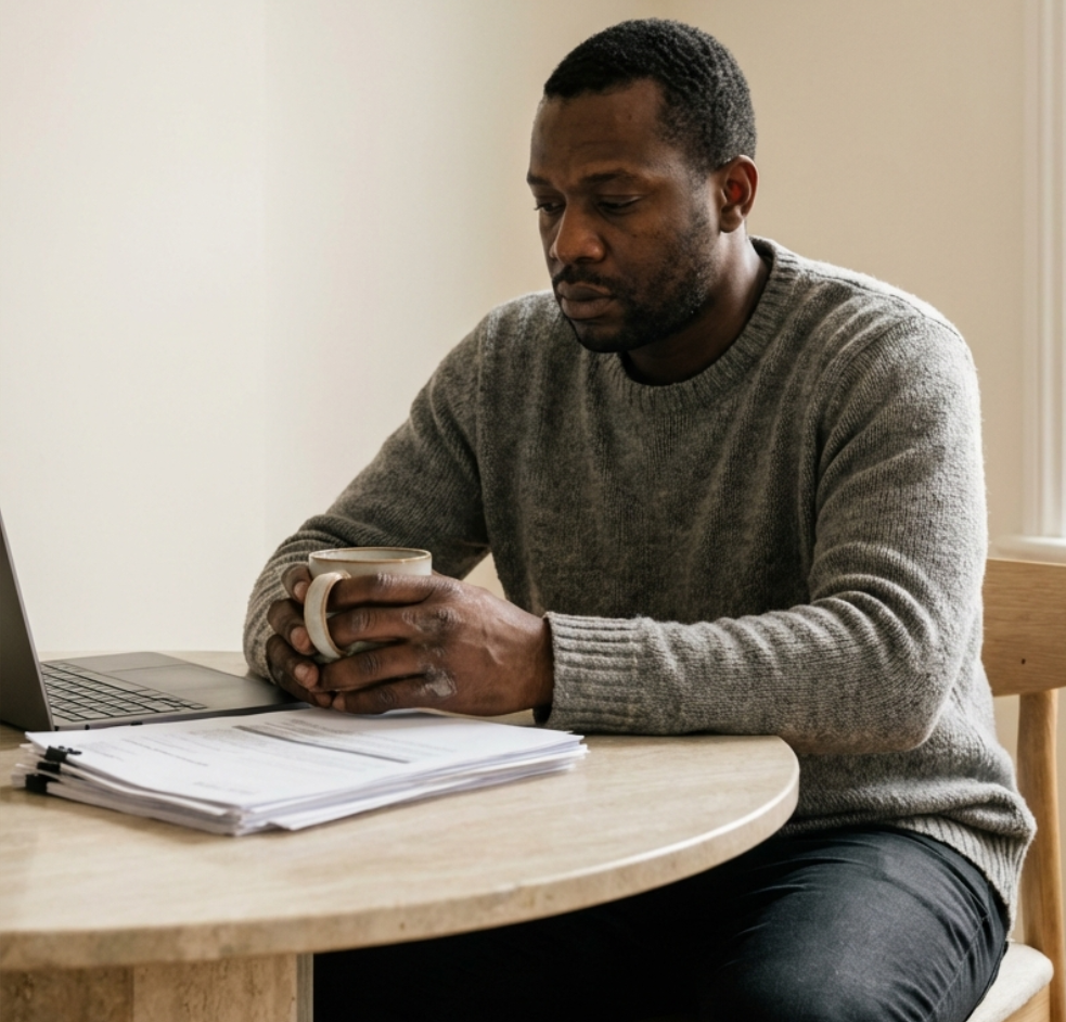 Man sitting at a table, looking at papers and laptop, holding a mug.