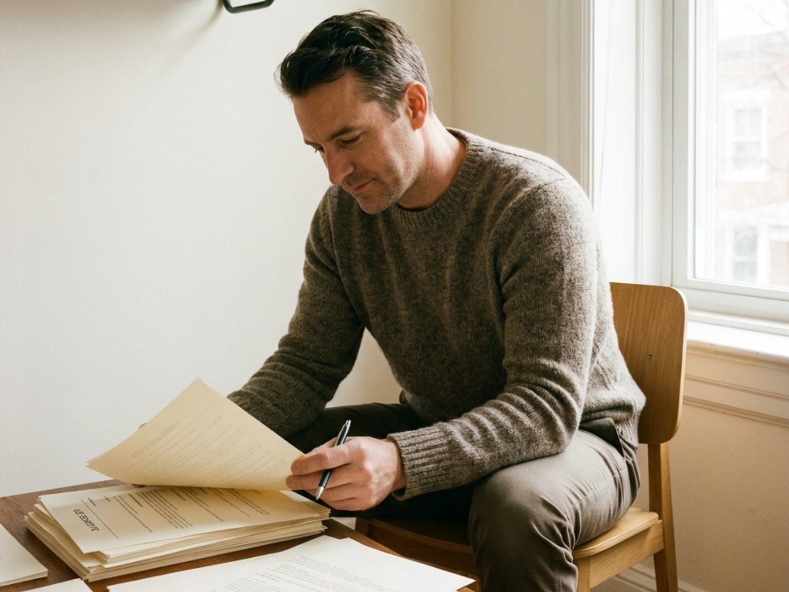 Man in sweater seated at table, reviewing papers with a pen near a window.