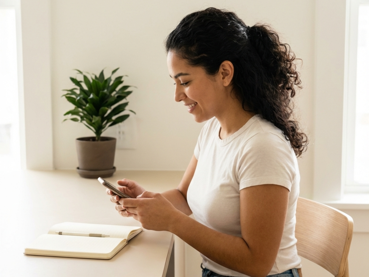Woman in white shirt smiles while using phone at a table, notebook and plant nearby.